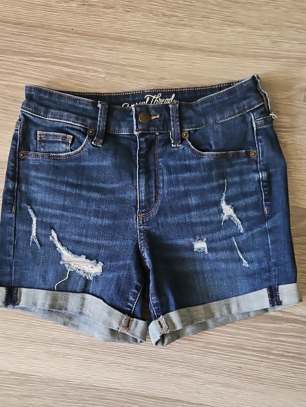 Universal Thread Dark Blue Distressed Roll-Cuff Denim Shorts